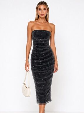Zara Black Strapless Ruched Evening Gown with Pearls Large L